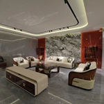 Cream Leather Sofa Set with Shell-Pattern Quilted Craftsmanship, Natural Burl Wood Veneer & Gold Stainless Steel Accents